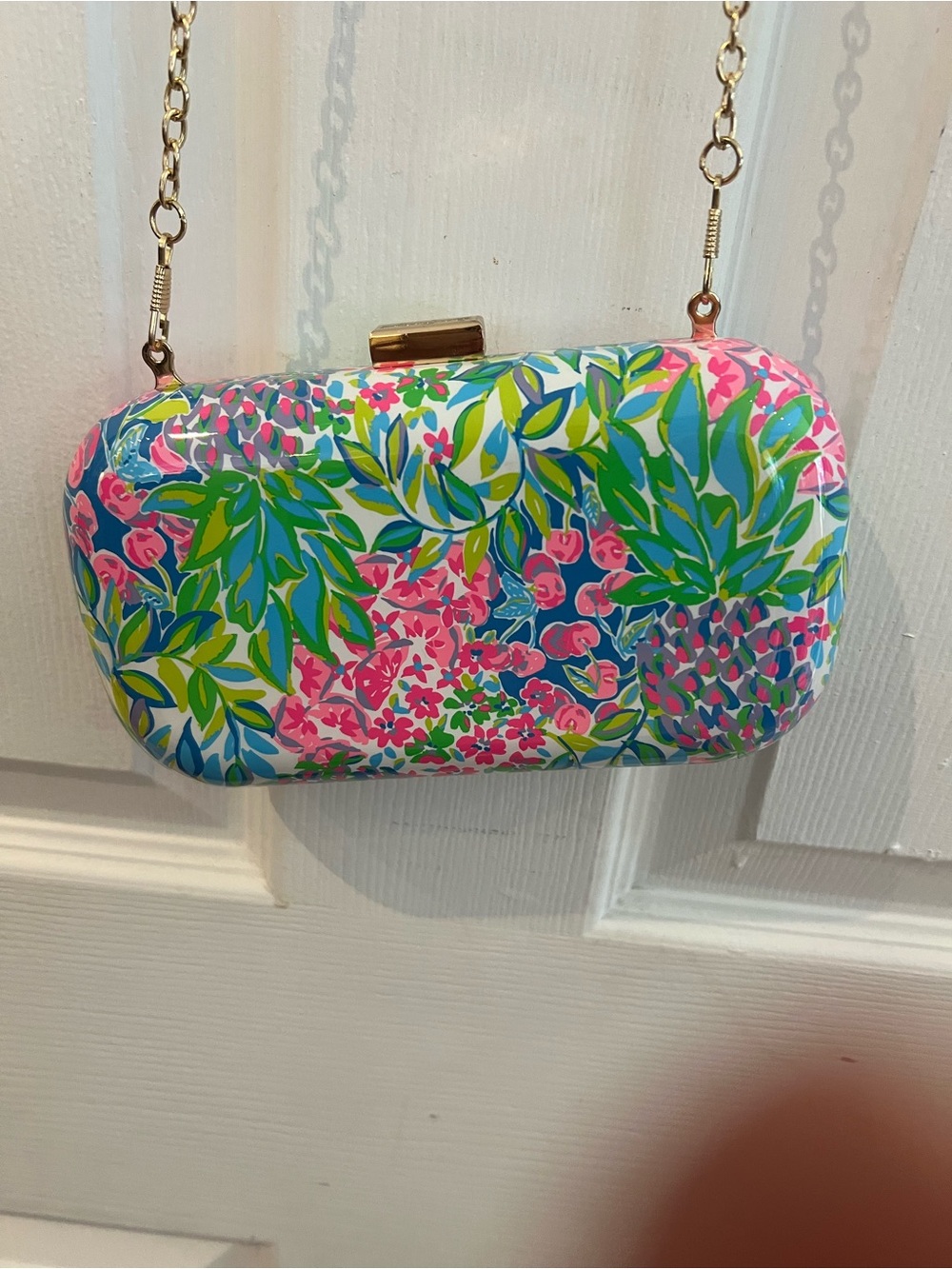Lilly Pulitzer Floral Print Clutch in Pink, Green & Blue with Gold Chain
